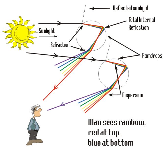 How are rainbows formed from sunlight and water?